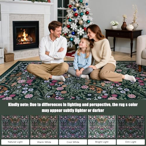 PLHXFR Area Rug Living Room: 5x7 Floral Washable Boho Carpet Dark Green