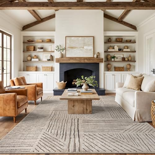 Rugshop Modern High-Low Patchwork Geometric Area Rug Cream 7'10" x 1...