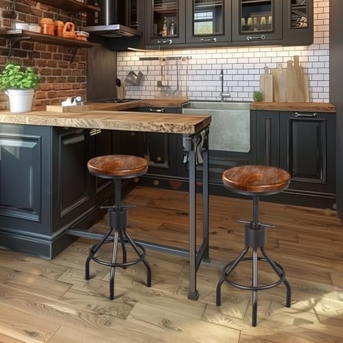 LOKKHAN Set of 2 Industrial Bar Stool-Height Adjustable Swivel Wood and Metal...