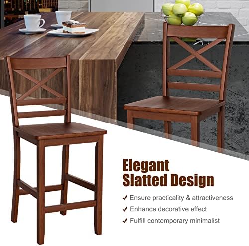 COSTWAY 25'' Wooden Counter Height Barstools Set of 2 with Slatted Ba...