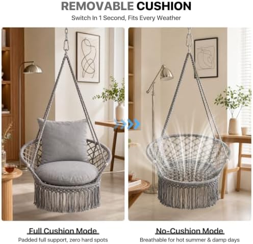 Athena Collection Macrame Hammock Chair with Mounting Hardware Kit, Gray