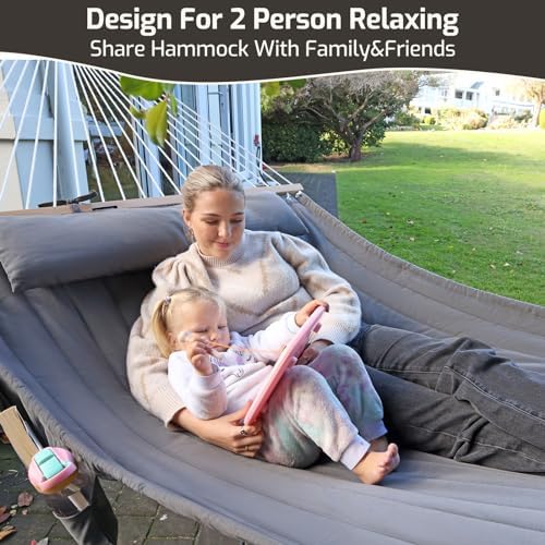 CHULIM Double Quilted Fabric Hammock with Hardwood Spreader Bars and Pillow 4...