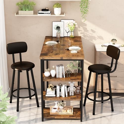 Recaceik Pub Dining Table Set for 2, Table and Bar Stools with 3 Storage Shel...
