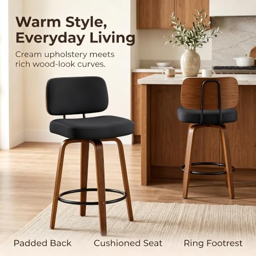 Counter Height Bar Stools Set of 2, 26+inch Swivel Faux Leather Barstool with...