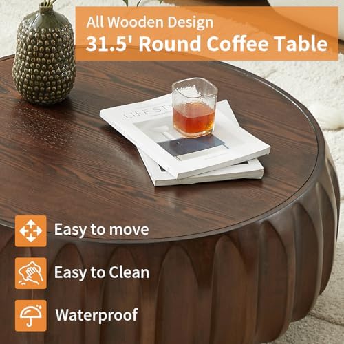 LKTART 31.5" Round Coffee Table with Solid Wood Veneer, Walnut