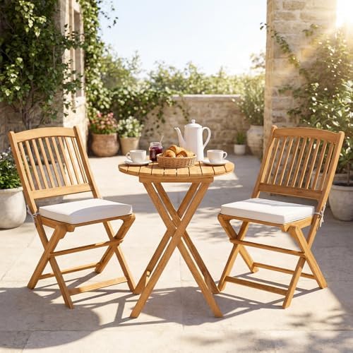GIANTEX 3 Pieces Acacia Wood Bistro Set, Outdoor Folding Table & Chairs