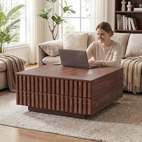 32-Inch Square Coffee Table with Storage, Sliding Top, Walnut