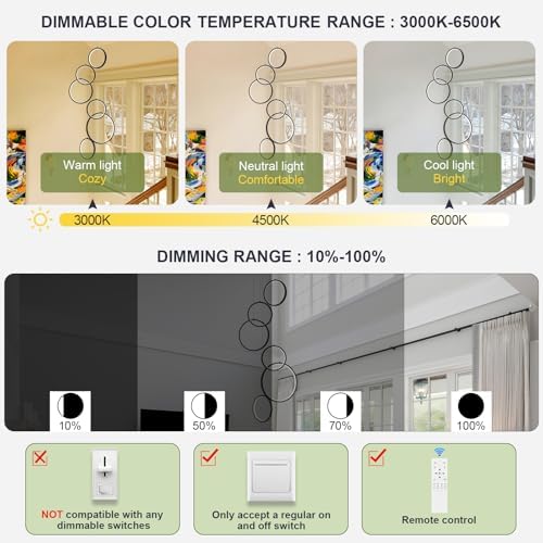 Benkut Modern LED Chandelier 6 Ring Black LED Pendant Light Adjustable Height...