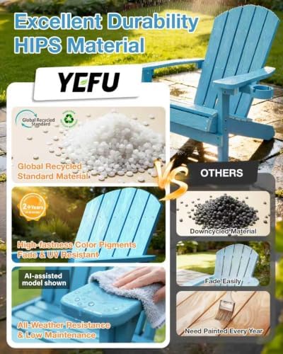 YEFU Adirondack Chair with Cup Holder, All-Weather Outdoor Chair, Blue