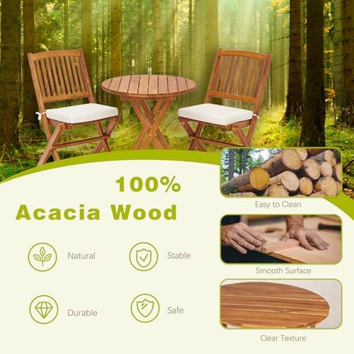 S AFSTAR 3 Pieces Patio Bistro Set, Acacia Wood Bistro Set Folding Chair with...