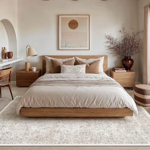 8x10 Washable Area Rug Beige Grey Non Slip Vintage Carpet