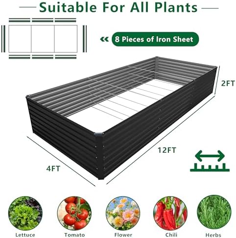 DIIYIV Galvanized Raised Garden Bed Kit Outdoor Patio,12x4x2ft Large Rectangu...