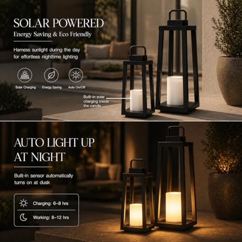 Integrated LED Solar Lantern Outdoor Large H24 Inch Black Metal Decorative So...