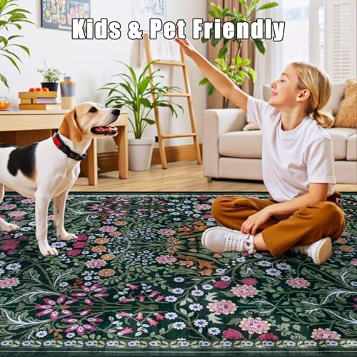 PLHXFR Area Rug Living Room: 5x7 Floral Washable Boho Carpet Dark Green