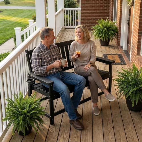 HDPE Outdoor Bench with Cup Holder All-Weather Fade Resistant Porch Bench