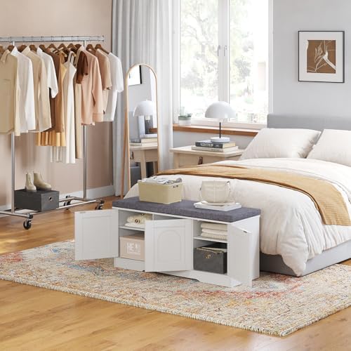 DINZI LVJ Shoe Storage Bench with Cushion, Door, White 39.4" LX17.7 H