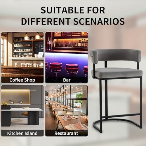 Set of 2 Grey Modern Velvet Bar Stools with Barrel Backrest, Upholstered Seat...