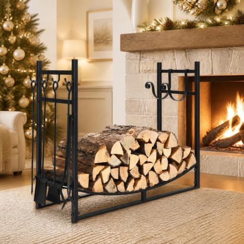 Goplus Firewood Rack Indoor, 36” Firewood Holder with 4- Piece Fireplace Tool...