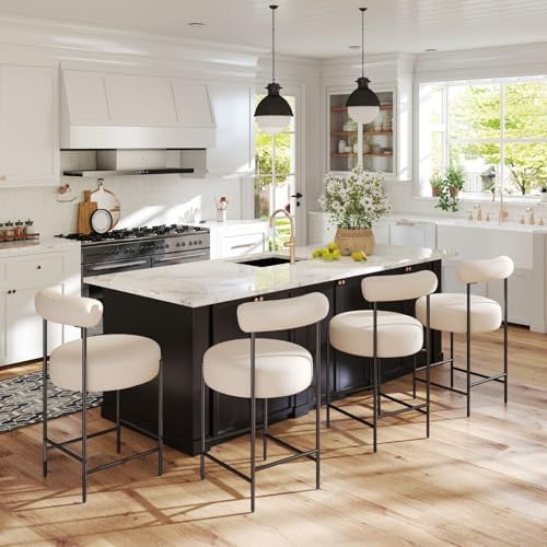 ROCITY Beige Modern Bar Stools Set of 2 Linen Upholstered Counter Stools with...