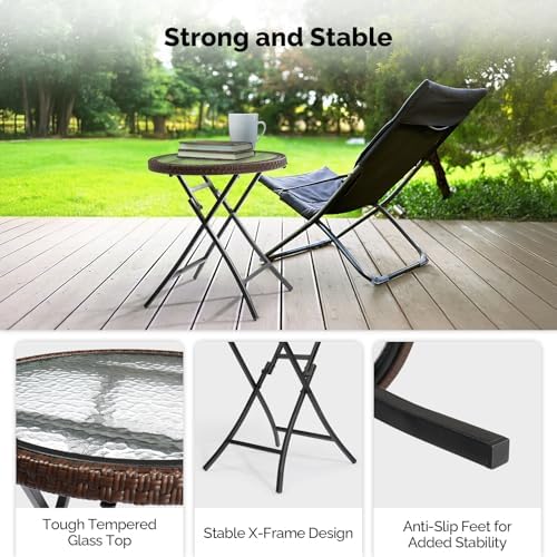 VINGLI 19in Modern Brown Rattan Folding Glass Outdoor Side Table, Small Patio...