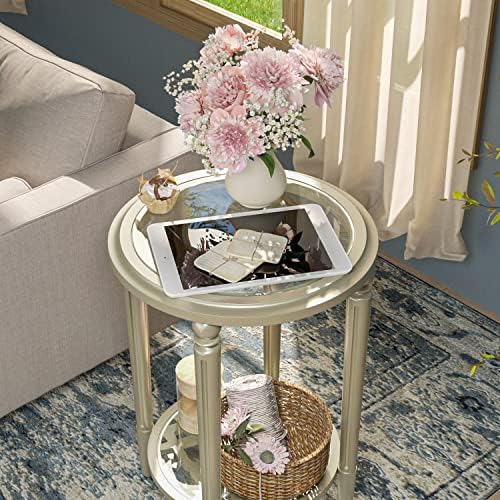 SUNBURY Set of 2 Modern End Tables with Tempered Glass Tops & Glass Lower...