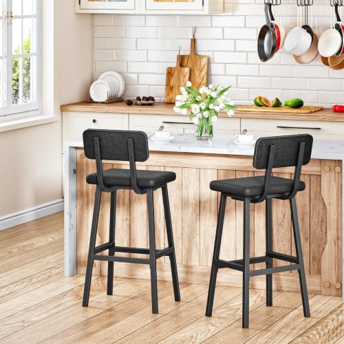 HOOBRO Black Bar Stools, Set of 2 PU Upholstered Tall Bar Stools, Kitchen Bre...