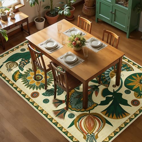 Joydeco Boho Washable Egypt Floral Beige 5x7 Area Rugs for Living Room