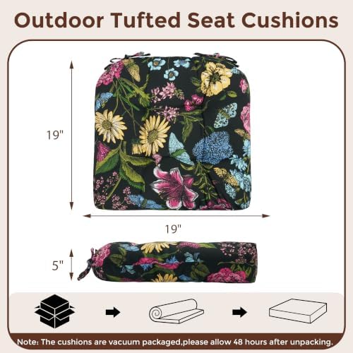 Indoor/Outdoor Tufted Seat Cushions, 19x19x5 Inch-Black Flower Butterfly