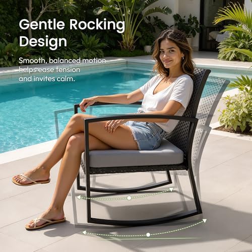 Rocking Patio Bistro Sets - All-Weather - 3 Piece Rattan Conversation Furnitu...