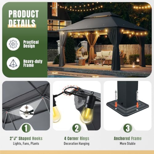 Aoxun 10x12 Gazebo Canopy with Steel Frame, Double Roof