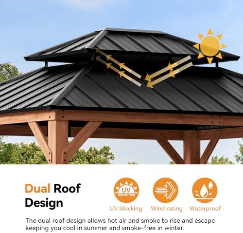 Modern Shade Permanent Wood Gazebo 10x12 with Double Galvanized Steel Roof