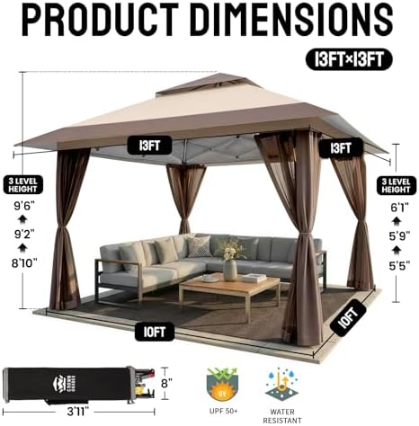 CROWN SHADES 13x13 Pop Up Gazebo, Clearance Canopy Tent,Beige & Coffee