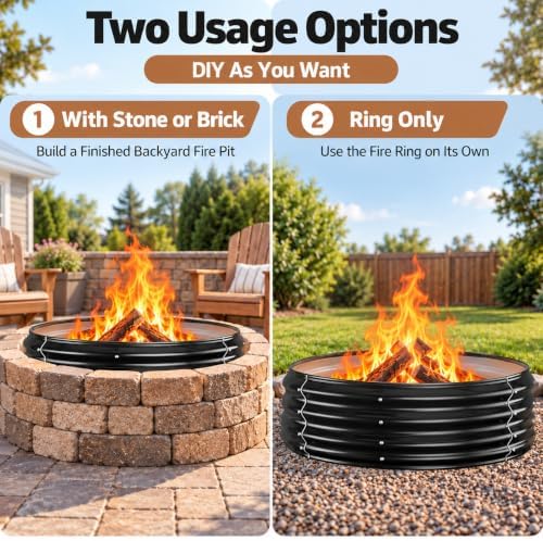 72" Large Fire Pit Ring for Outside, Heavy Duty Wood Burning Firepit &am...