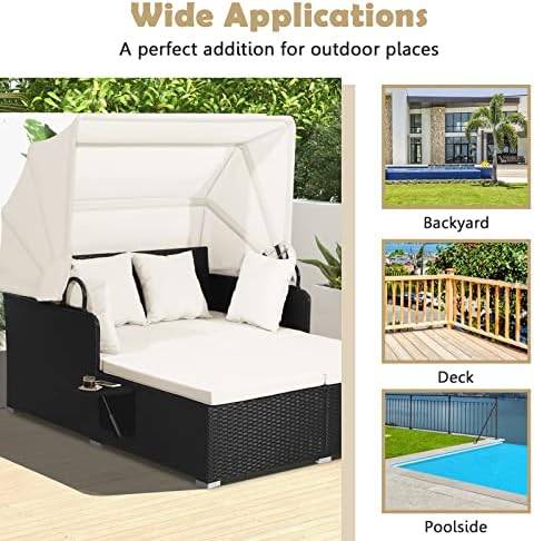 Tangkula Patio Rattan Daybed with Retractable Canopy, Outdoor Wicker Sunbed L...
