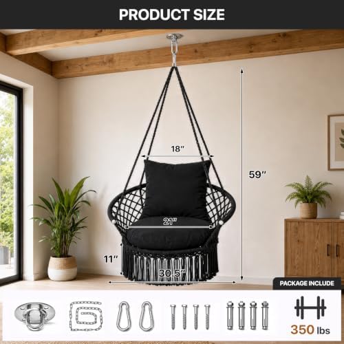 Athena Collection Macrame Hammock Chair with Mounting Hardware Kit, Black