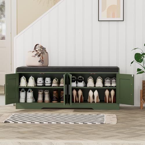 Homleke Shoe Storage Bench, 4 Doors & Thickened Padded Seat Cushion