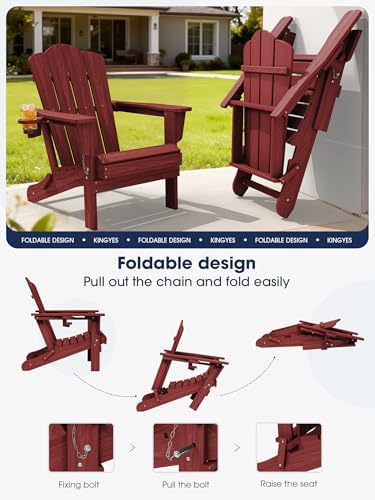 KINGYES Folding Adirondack Chair Set of 2 with Cup Holder, Red