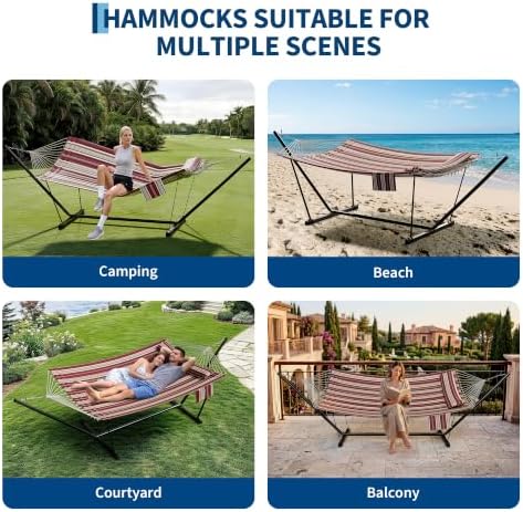 Garvee 2-Person Hammock with Stand for Outside–450lbs, Balance Rope, Pillow