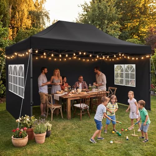 COBIZI 10x15 Pop Up Canopy Tent,Heavy Duty Canopy(Black with 4 Sidewalls)