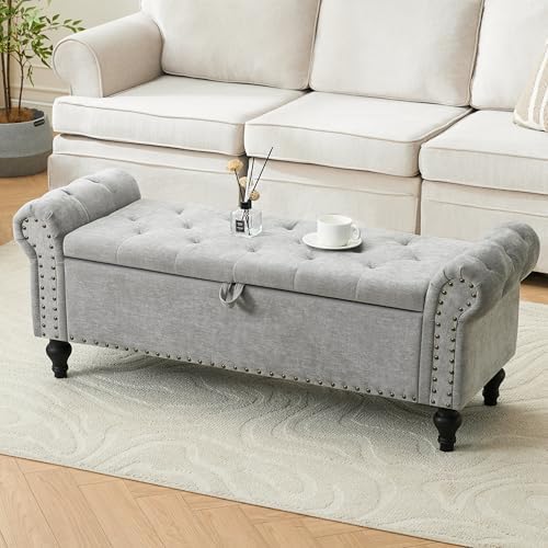 51" Storage Bench for Bedroom, Upholstered Ottoman Bench Chenille LightGray