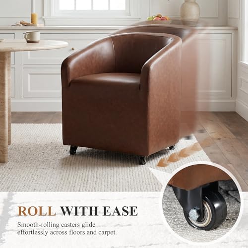 CIMOTA Brown PU Leather Barrel Dining Chairs with Wheels, Set of 6 — Modern U...