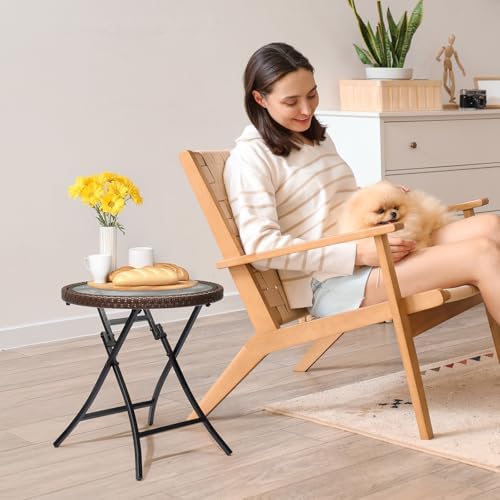 VINGLI 19in Modern Brown Rattan Folding Glass Outdoor Side Table, Small Patio...