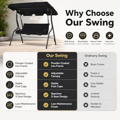 Garvee 3 Seat Outdoor Porch Swing with Adjustable Canopy, Patio Swing Chair w...
