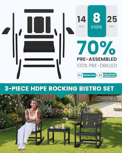 SERWALL 3-Piece Patio Furniture Set with 2 Rocking Chairs & Table, Black