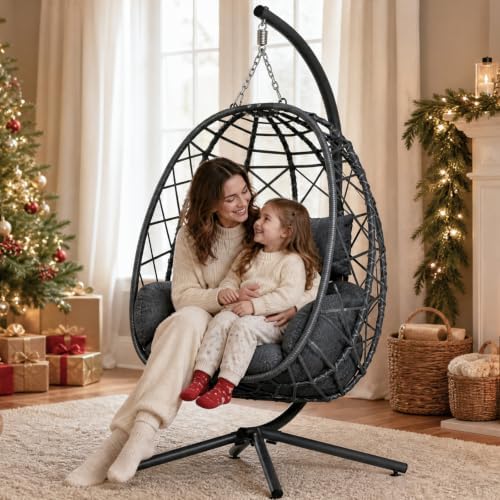 SWITTE Hanging Egg Chair with Stand Outdoor, Wicker Patio Swing, Grey