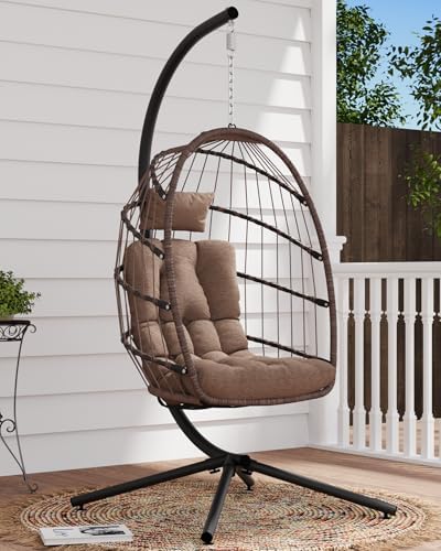 SWITTE Egg Chair Outdoor with Stand, Indoor Wicker Hanging Egg Swing, Brown