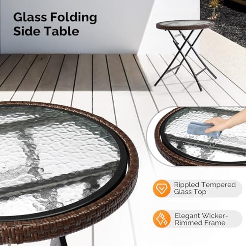VINGLI 19in Modern Brown Rattan Folding Glass Outdoor Side Table, Small Patio...