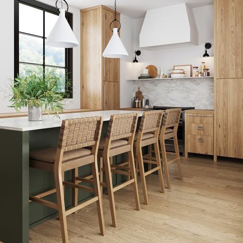 Nathan James Cohen Mid-Century Modern 29 in. Wood Bar Stool, Upholstered Faux...