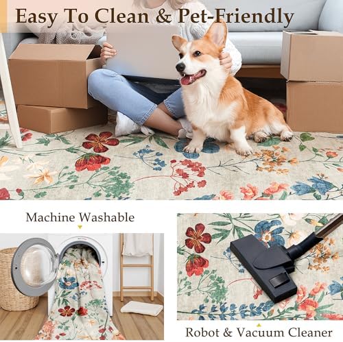 PureCozy Washable Floral Area Rug 6x9 for Living Room Vintage Beige Carpet