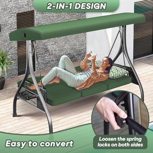 ZZW 3 Seat Outdoor Porch Patio Swing with Stand 800lbs 2-in-1 Convertible Swi...